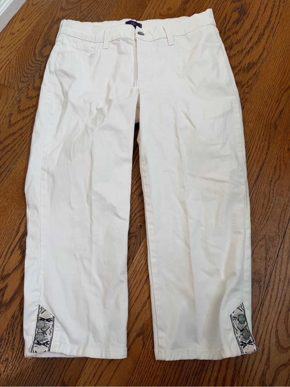 NYDJ Cream Cropped Straight-Leg Pants with Snakeskin Print Hem Tabs